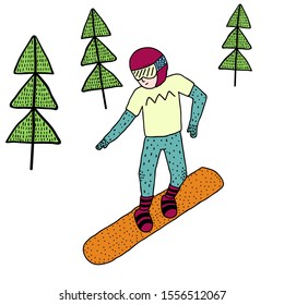 Cartoon style drawing of an adult snowboarder isolated on white background.Vector illustration for print.Hand drawn background for decoration for sport shop,web banner,snowboard school.