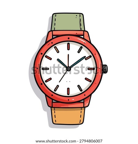 A cartoon style drawing of a classic red wrist watch featuring a white face and two different colored leather watch straps