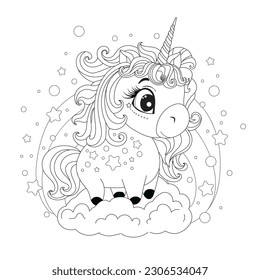 Cartoon style drawing of cute baby unicorn in clouds against rainbow and stars. Isolated design element for book coloring. Baby shower, birthday party. Vector illustration. 