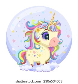 Cartoon style drawing of a cute baby unicorn in clouds on a blue background and stars. Template design greeting card, poster, cover, sticker. Baby shower, birthday. Vector illustration. 