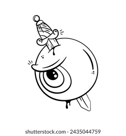 Cartoon style drawing of an eyeball with a party hat and a dagger