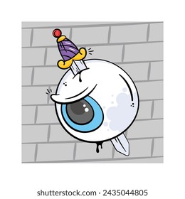 Cartoon style drawing of an eyeball with a party hat and a dagger