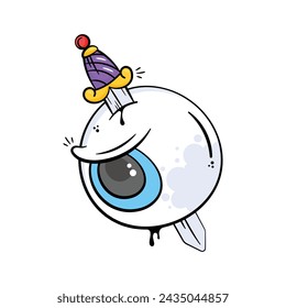 Cartoon style drawing of an eyeball with a party hat and a dagger