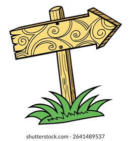 A cartoon style drawing featuring a wooden arrow sign, decorated with swirls, that points to the right. The sign is set in grass on a white background.