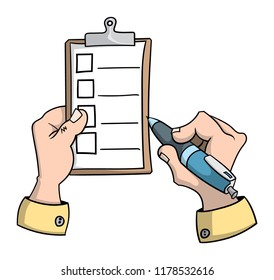 Cartoon style drawing of hands interacting with a blank checklist