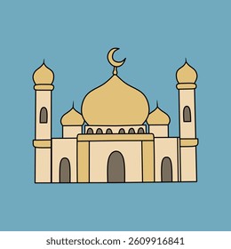 Cartoon style drawing of a mosque with domes and minarets against a light blue background Ideal for cultural themes and educational purposes