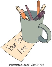 Cartoon style drawing of a mug holding pens with space for your text. This file is Vector EPS10. 