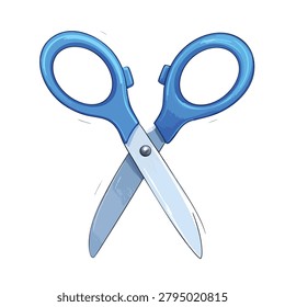 A cartoon style drawing of a pair of blue scissors with sharp metal blades on a white background