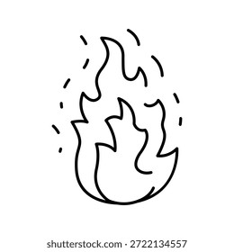 Dibujo de estilo de dibujos animados de una llama de fuego simple con zarcillos giratorios y líneas de calor en ascenso, que simbolizan calor, peligro y pasión sobre un fondo blanco