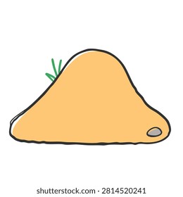 A cartoon style drawing of a small beige hill with a few blades of green grass and a small grey pebble on the side