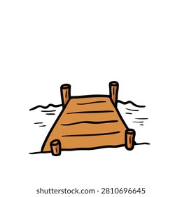 A cartoon style drawing of a small wooden pier or dock extending into water with four supporting pillars isolated on a white background