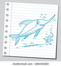 Cartoon style drawing of a sword fish.
