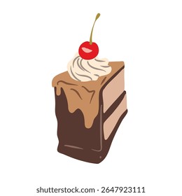Cartoon style drawing of a tasty layered cake slice with chocolate and cherries on a transparent background Perfect for illustrating sweet treat concepts.