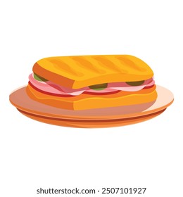 Cartoon style drawing of a toasted sandwich with ham, tomato and lettuce on a plate