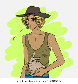 Cartoon style drawn vector isolated illustration of blond sexy country young man in a cowboy hat with a rabbit in his hand. Manga, anime