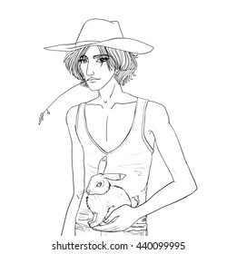 Cartoon style drawn vector isolated illustration of blond sexy country young man in a cowboy hat with a rabbit in his hand. Adult coloring book. Line art.