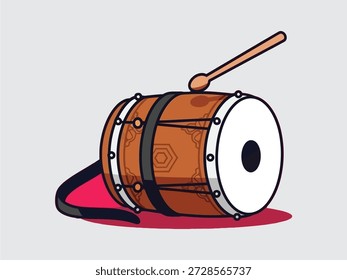 Un tambor de estilo de dibujos animados con un mazo en la parte superior, cuerpo de madera marrón y cabeza de tambor blanca