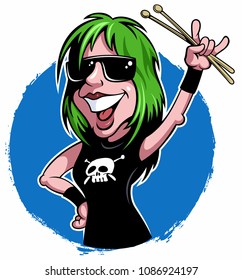 Cartoon style drummer girl with green hair and drum sticks in his hand, vector cartoon character.