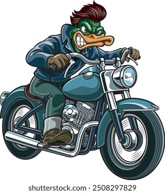 cartoon style duck driving on a vintage motorcycle