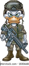 Cartoon Style Duck In Military Uniform Holding Assault Rifle
