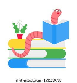 Cartoon style earthworm with book and glasses vector illustration isolated on white background. Funny worm with glasses read a book.