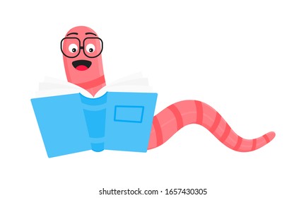 Cartoon Style Earthworm With Book And Glasses Vector Illustration Isolated On White Background. Funny Worm With Glasses Read A Book.