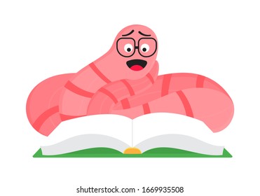 Cartoon style earthworm with book and glasses vector illustration isolated on white background. Funny worm with glasses read a book.