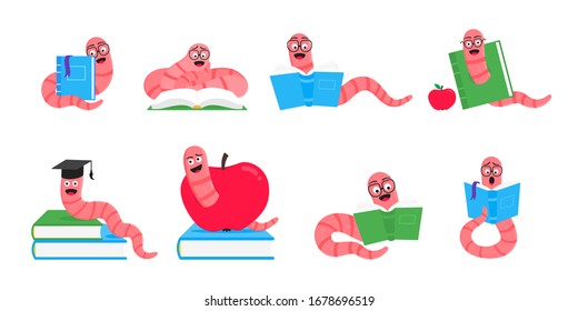 Cartoon style earthworm with book and glasses vector illustration set isolated on white background. Funny bookworm with glasses read a book.