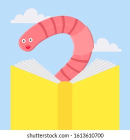 Cartoon style earthworm with book vector illustration isolated on white background. Funny worm with glasses read a book.