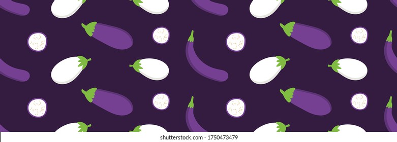 Cartoon style eggplants, aubergines wide horozontal vector seamless pattern background.

