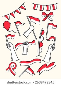 Cartoon style elements including flags, ribbons, and balloons, capture the spirit of indonesian independence day