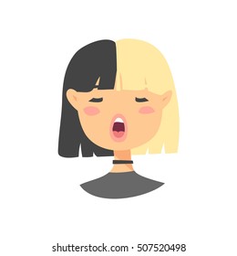 Cartoon style Emoji character. Isolated fashion girl avatar with creative hairstyle and singing facial expressions. Actual Flat illustration women's emotional face. Hand drawn vector emoticon