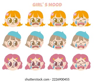 Cartoon style emotions set of 3 cute girls vector. Female facial expression. Fashion kid avatar emoticon. Sad child face with various mood. Comic style cry sad reaction head emoji. Depress feeling.