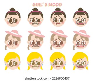 Cartoon style emotions set of 3 cute girls vector. Female facial expression. Fashion kid avatar emoticon. Sad child face with various mood. Comic style cry sad reaction head emoji. Depress feeling.