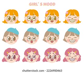 Cartoon style emotions set of 3 cute girls vector. Female facial expression. Fashion kid avatar emoticon. child face with various mood. Comic style reaction head emoji. surprised happy 
 laugh smile.