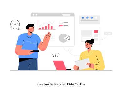 Cartoon style. Employee working in office business workplace. in theme, cheering success, thinking new, problem solving, meeting room, business concept. flat illustration vector design