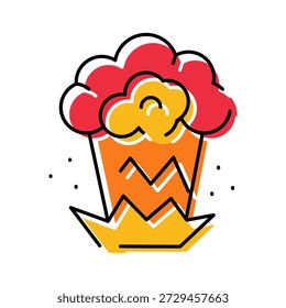 Cartoon style explosion icon showing a red, orange, and yellow impact cloud with jagged edges and small debris, representing sudden force, energy, or surprise