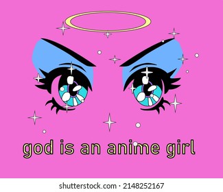 Cartoon style eyes of an anime girl with sparkles and stars. Vector illustration.