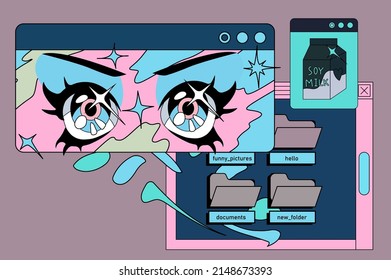 Cartoon style eyes of an anime girl with sparkles and stars. Vector illustration.