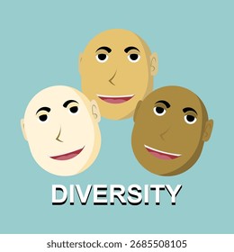 Cartoon style faces with different skin tones and bold DIVERSITY text on blue background, ideal for inclusion themes, social campaigns, and educational content.