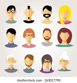 Cartoon style faces vector set.