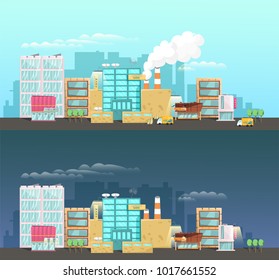 Cartoon style. Factory in the city.Stores and apartment buildings. Factory of production with the main office. City landscape. Day and night.