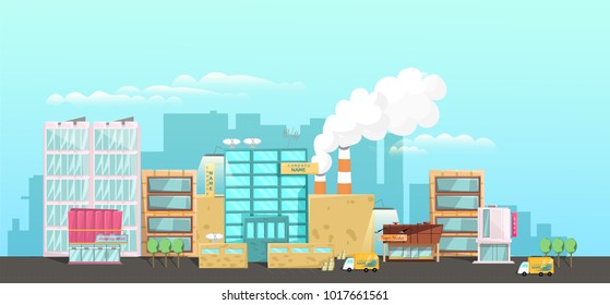 Cartoon style. Factory in the city.Stores and apartment buildings. Factory of production with the main office. City landscape.