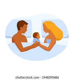 Cartoon style. Family sleeps together, Isolated icon. Happy parenthood. Hugging in the bed