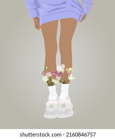 Cartoon style fashion vector illustration of beautiful dark skin girl wearing casual street style outfit, standing and holding sunflowers. Isolated on white background.