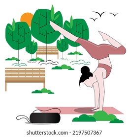 Cartoon Style Female Or Lady Doing Yoga On Open Park. Outdoor Yoga Or Exercise On Morning Vector Illustration.