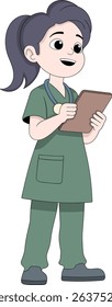 Cartoon style female nurse character in green scrubs holding a medical chart or patient record. Includes stethoscope and cheerful expression