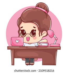 cartoon style female worker sitting behind her desk with her laptop and notepads