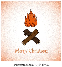 Cartoon Style Fire Hand Drawn Greetings Card - Doodle Illustration on Red Stipple Background With Merry Christmas Sign - Christmas and Holiday Vector Graphic Resource