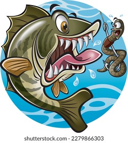 Cartoon style fish about to take fishing bait on a hook